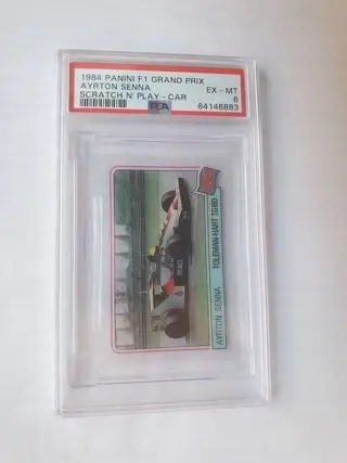 1984 Panini F1 Grand Prix - Ayrton Senna - Scratch 'n Play - Car - Rookie Card - PSA 6