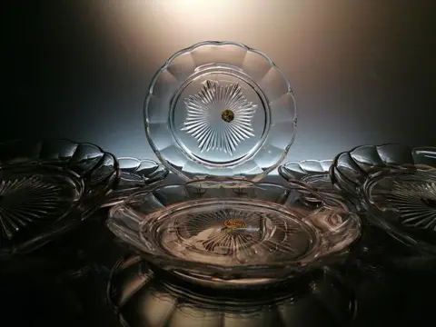 Charles Graffart en René Delvenne - Val Saint Lambert - clear art deco plates "Côtes plates" (6) - Art Deco - Glas, Kristal