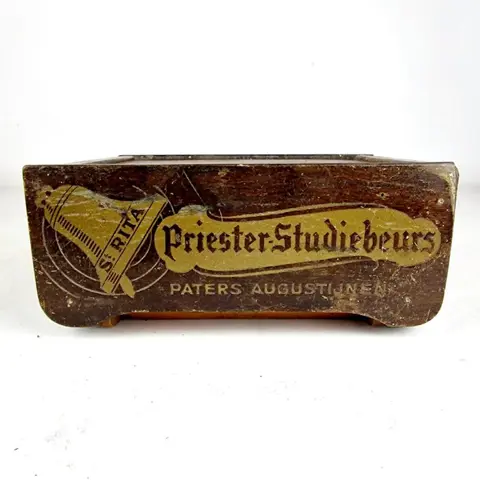 Authentic religious piggy bank "Holy Saint Rita and the Fathers Scholarship" Ca. 1930 - Glas, Hout - Begin 20e eeuw