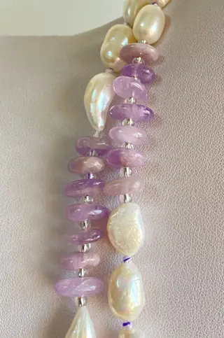 Exclusieve set van White Pearl en Amethyst - met Griekse kruisen van Hematiet. Sterling Zilver 925. - Na 2000