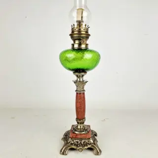 Oil lamp finished with green glass and marble base - Glas, IJzer (gegoten), Koper, Marmer - Eind 19e eeuw