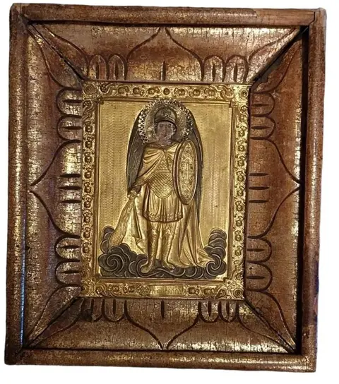 Icoon, Aartsengel Michaël - Hout, verguld en verzilverd messing - Eind 19e eeuw