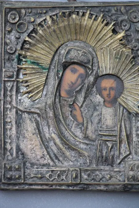 Icoon, Madonna en kind - Hout, Messing - Tweede helft 19e eeuw