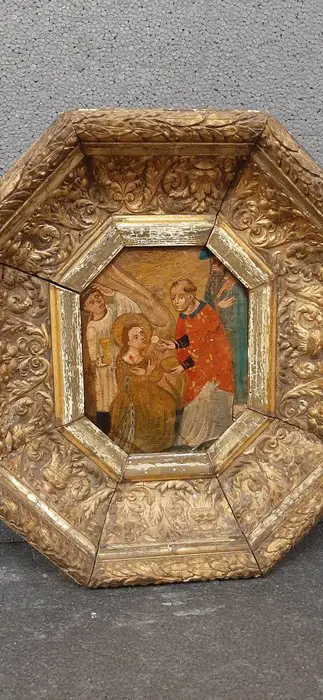 Schilderij, Communie van een heilige - olieverf op karton - Begin 20e eeuw