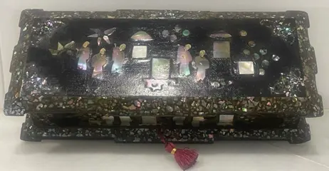 Lakdoos - Fluweel, Papier-maché, Parelmoer - Tweede helft 19e eeuw