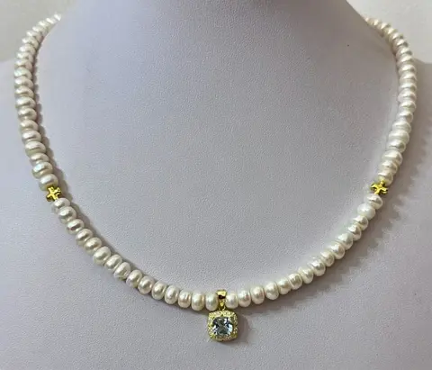 Exclusief collier, van White Pearl TOP KWALITEIT met hanger en ring - met Aquamarijn (AAA) en Griekse kruisen van Hematiet (bescherming en evenwicht). Sterling zilver - Na 2000