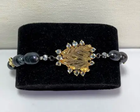Exclusieve armband van Black Pearl met Citrien (15 kt) - en Blue Topaz, TOP KWALITEIT, met kruisen van Sterling Silver 925.Sterling Silver 925. - Na 2000