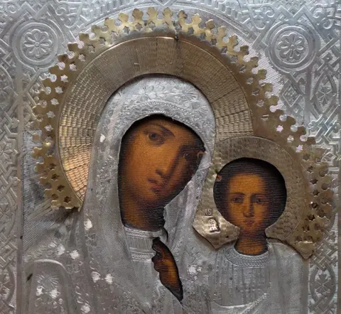 Icoon, Moeder Gods van Kazan - Verguld, Zilver - 19e eeuw