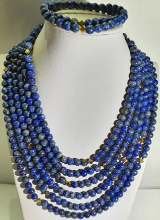 Mooie lapis lazuli met Griekse kruizen - collier en 2 armbanden (3) - hematiet - AAAA - 925 zilver vergulde broche - 21e eeuw