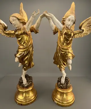 Beeld, Een aantrekkelijk paar grote Italiaanse engelen - 113 cm (2) - Hout, Verguld - 19e eeuw