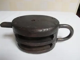 Grote antieke zware dubbele katrol (1) - Hout en ijzer - Eind 19e eeuw