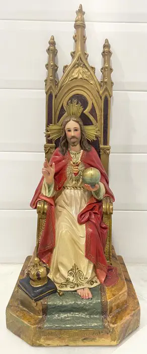 Beeld, Heilig Hart van Jezus op de troon, Olot (63 cm.) - Hout, Kristal, Messing, houtpulp - Begin 20e eeuw