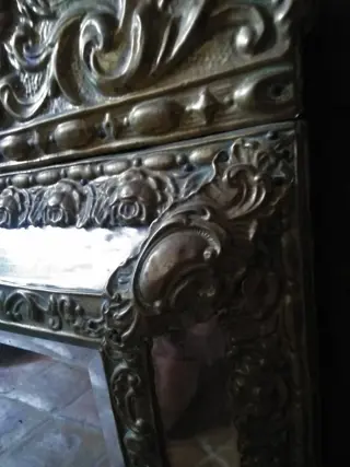 Bloemenscherm spiegel - gesponnen metaal, glas, hout - Tweede helft 19e eeuw