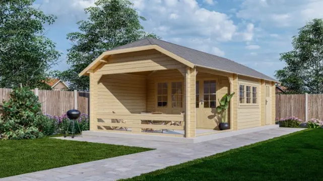 Tuinhuis-Blokhut-Wolfskap: W4x3+3A: 770 x 410 x 325cm (h)