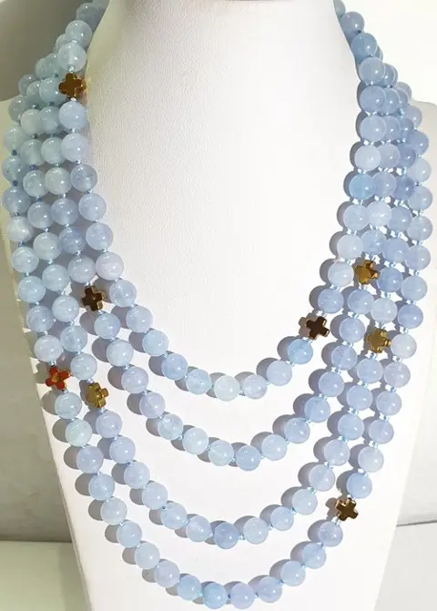 Mooie aquamarijnen en Griekse kruizen - zeer lange ketting - hematiet - AAAA - 925 zilver vergulde broche - Tweede helft 20e eeuw