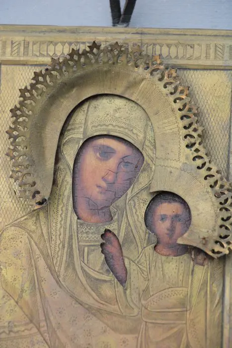 Icoon, Madonna en kind - Hout, Messing - 19e eeuw