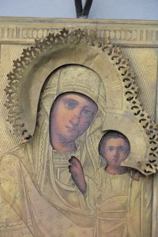 Icoon, Madonna en kind - Hout, Messing - 19e eeuw