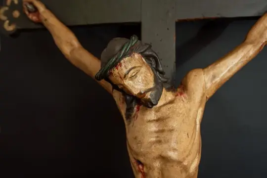 Oud kruisbeeld - Prachtige Christus in polychroom hout (105 cm.) - Hout - 19e eeuw