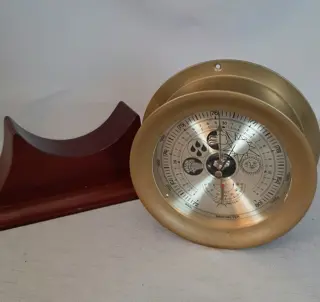 Grote Barometer met thermometer op standaard - Glas, Hout, Messing - Tweede helft 20e eeuw