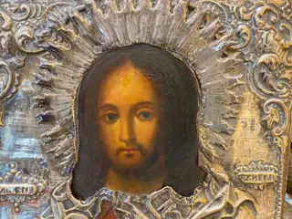 Icoon, Christus Pantokrator met verzilverde oklad - Hout - 19e eeuw