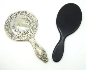 Oude handspiegels - Schuine glazen kaptafel modellen - Napoleon III periode en Art Nouveau (2) - Ebbenhout en zilverkleurig metaal - 1850-1900