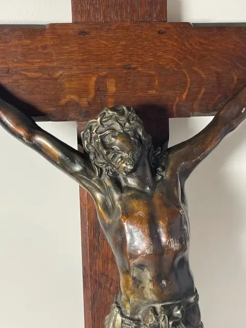 groot houten kruis met Jezus - 100 cm H - hout - legering metaal - hout en legering metaal - Eind 19e eeuw