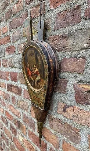 antieke origineel beschilderde blaasbalg - hout, messing, leer - 19e eeuw