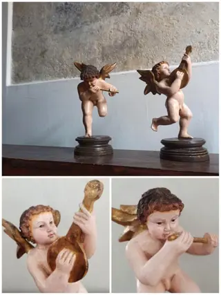 Beeld, Paar spelende engeltjes - 24 cm - Houtpulp - ca. 1930/1940