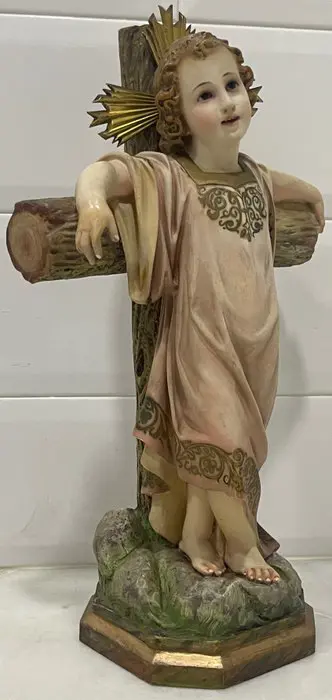 Beeld, Kindje Jezus gekruisigd, Olot ( 47 cm ) - Hout, Kristal, Messing, houtpulp - eind 19e/begin 20e eeuw