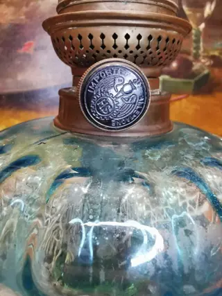 Tafellamp, olielamp - Glas, Koper, Zinklegering - Begin 20e eeuw