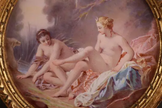 Handgedecoreerde plaquette - François Boucher - Diane sortant du bain - Emaille, Hout - 19e eeuw