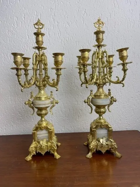Candlesticks with extinguisher - five arms (2) - Brons, Marmer - ca. 1880