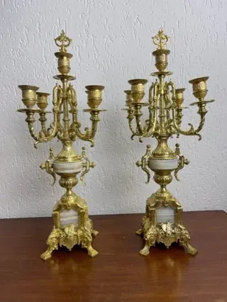 Candlesticks with extinguisher - five arms (2) - Brons, Marmer - ca. 1880