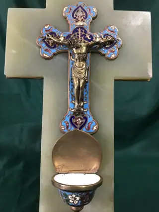 PRACHTIG HEILIG KRUISBEELD 24 cm - Napoleon III - Brons, Onyx, cloisonné email