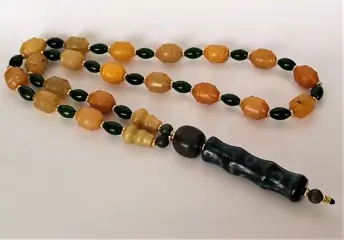 Ketting Mâlâ - Boeddhistisch - Natuurlijke parels - Bewerkte dZi - Bamboe met 9 ogen - Beschermende energie tussen lichaam en geest - Gouden serpentijn en agaat - 168,85 g