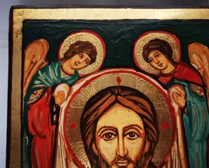 Houten icoon van Jezus Christus: een onopgemaakt beeld van de Heiland. - Hout