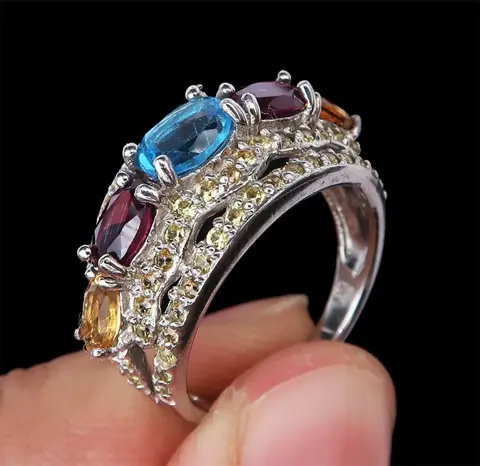 Schitterende sierlijke Art Deco hoogwaardigheidsbekleder geloofsring - .925 zilver, Granaat, citrien, blauwe topaas, gele saffier - benadrukt innerlijke rijkdom