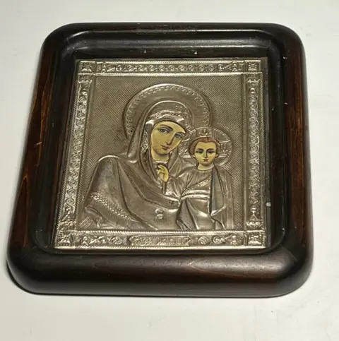 Madonna en kind icoon - Hout, Zilver