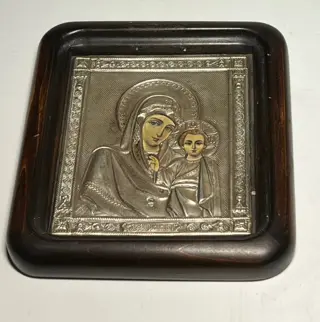 Madonna en kind icoon - Hout, Zilver