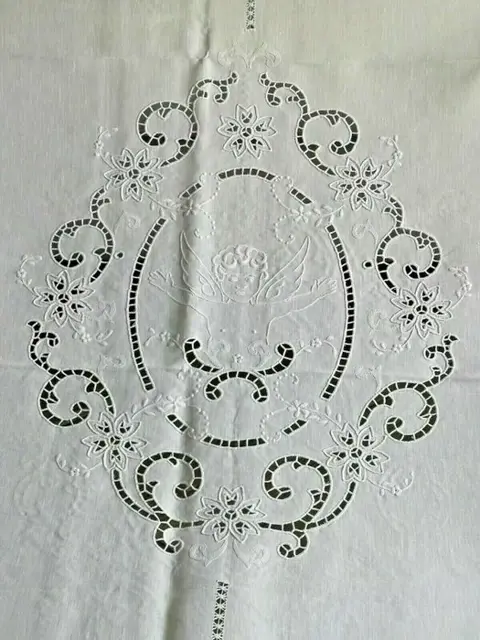 Gordijn Museale 100% linnen met opengewerkt en satijnsteek Engelen handborduurwerk 210x300cm - Linnen - 21e eeuw