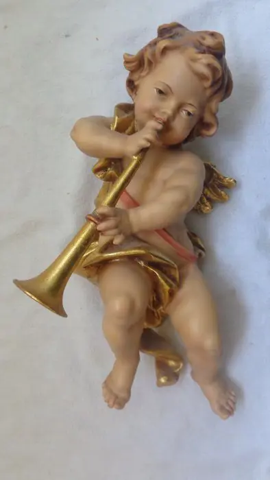 Gekleurde houten engel met trompet - 27 cm (1) - Hout