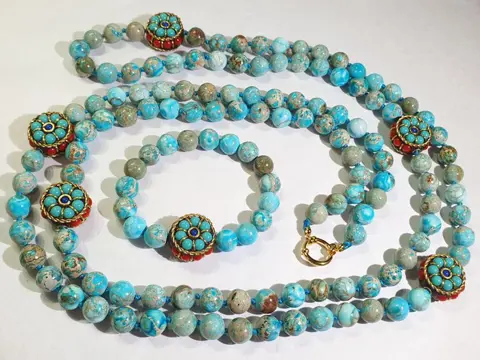 Blue Imperial Jasper - Boeddhistische beschermingsamuletten - veel geluk, gezondheid en fortuin (2) - metaal, email - halsketting & armband