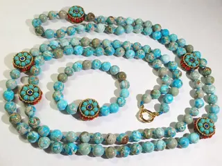 Blue Imperial Jasper - Boeddhistische beschermingsamuletten - veel geluk, gezondheid en fortuin (2) - metaal, email - halsketting & armband
