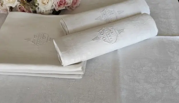 6 grote met de hand geborduurde monogram jacquard linnen servetten Frans linnen - 80 x 65 cm (6) - Linnen - 1900-1920