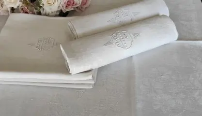 6 grote met de hand geborduurde monogram jacquard linnen servetten Frans linnen - 80 x 65 cm (6) - Linnen - 1900-1920