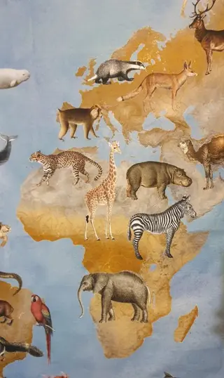 Katoenen paneel met geografische kaart met dieren - 128x138cm - Katoen - 21e eeuw