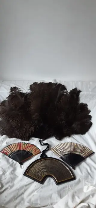 Verzameling waaiers, struisvogel, Moulin Rouge, Flamengo. (4) - Veren, stof, hout