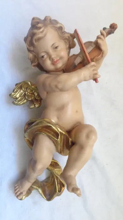 oude engel met viool - uitgesneden putto - handgemaakt - wandfiguur beschermengel Cupido sculptuur (1) - Hout