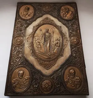 Russisch icoon van de opstanding van Jezus, metaal, versierd en bedekt met bloemmotieven Koper - Hout, Koper
