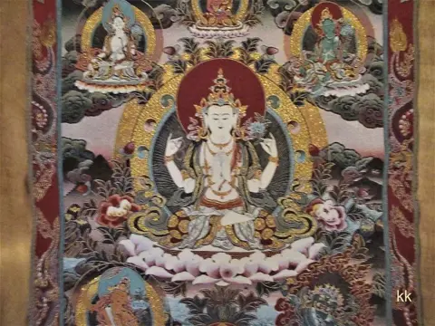 Thangka - Nepal - Boeddhisme - origineel - nieuw - "Four Arms Guanyin" - zijde/katoen/gouddraad